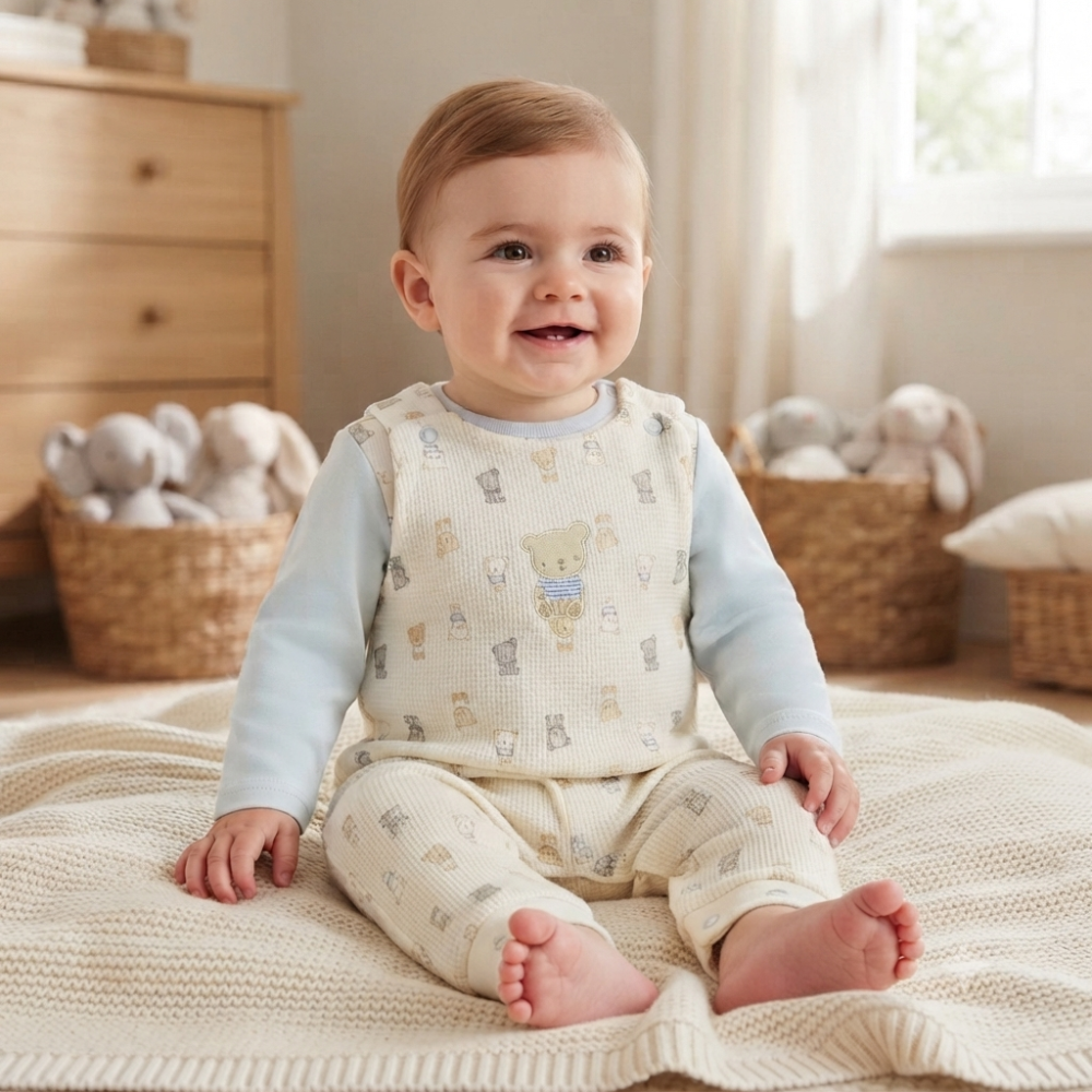N14754: Baby Boys Waffle Fabric Dungaree & Top Outfit (0-9 Months) N14754: Baby Boys Waffle Fabric Dungaree & Top Outfit (0-9 Months)